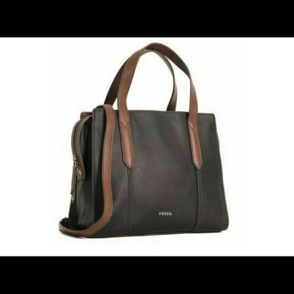 Small Fossil Leather Bag Black Brown Double Handles + Shoulder Strap